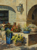 Blue Pots and Red Petunias-Tlaquepaque, Sedona  12 x 9 Oil